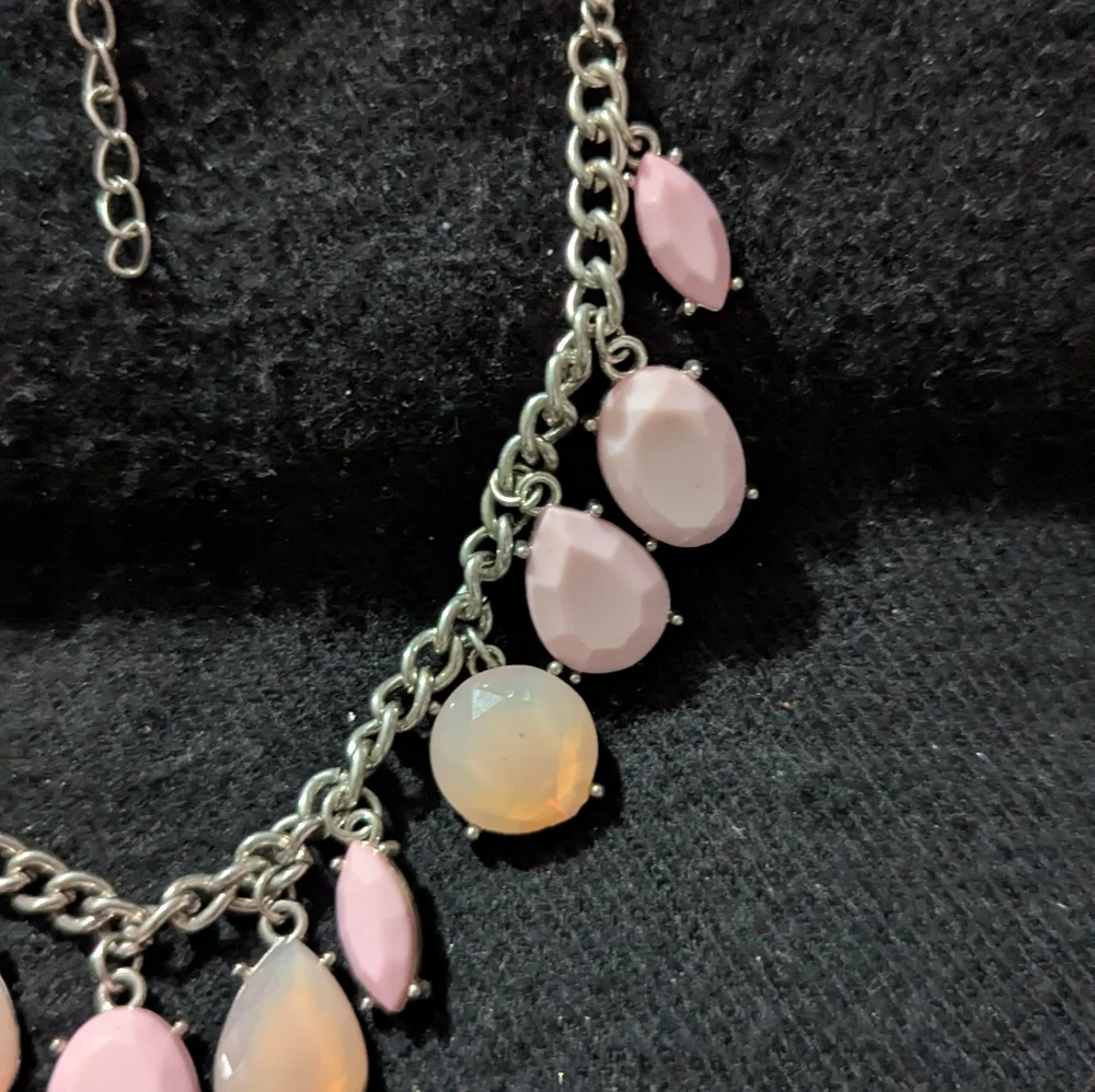 Silver Tone Pastel Pink and Cream Rhinestone Statement Necklace